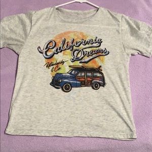 gray t-shirt with text on the front